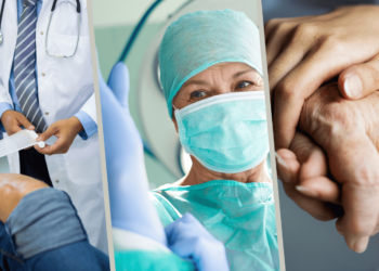 Collage: Arzt der ein Bein verbindet, Chirurgin die einen Gummi-Handschuh anzieht, Hände einer Pflegerin