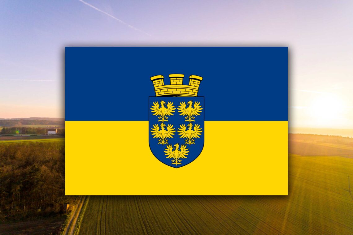 Flagge und Wappen des Landes Niederösterreich – horizontale Streifen in Gelb und Blau.