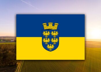 Flagge und Wappen des Landes Niederösterreich – horizontale Streifen in Gelb und Blau.