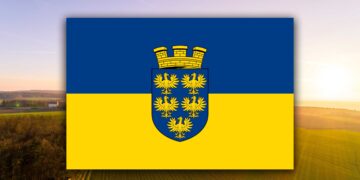 Flagge und Wappen des Landes Niederösterreich – horizontale Streifen in Gelb und Blau.