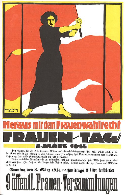 Plakat der Frauenbewegung zum Frauentag am 8. März 1914, das das Frauenwahlrecht fordert.