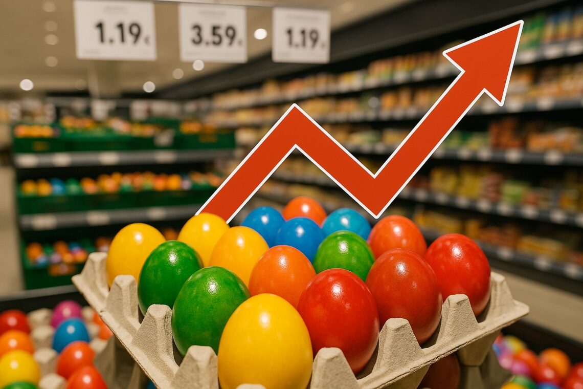 Osterkorb vor Supermarkt-Hintergrund mit einem roten Pfeil, der die Inflation und steigende Lebensmittelpreise veranschaulicht.