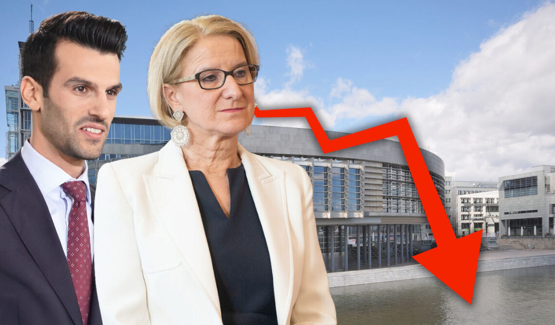 Fotomontage von Udo Landbauer und Johanna Mikl-Leitner vor dem Regierungsgebäude in St. Pölten