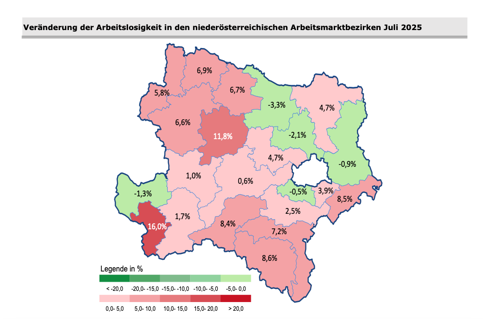 Grafik zeigt den prozentualen Anstieg der Arbeitslosigkeit in den Bezirken Niederösterreichs.