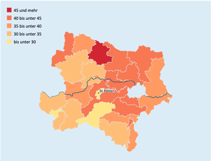 Die Grafik zeigt die Besuchsquote der null- bis zweijährigen Kinder in Niederösterreich nach politischen Bezirken.