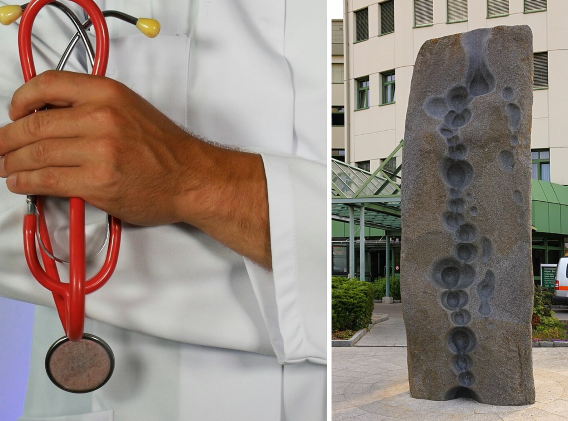 Die Fotomontage zeigt das Symbolbild eines Artzes und die Skulptur vor dem Krankenhaus Horn.