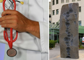 Die Fotomontage zeigt das Symbolbild eines Artzes und die Skulptur vor dem Krankenhaus Horn.