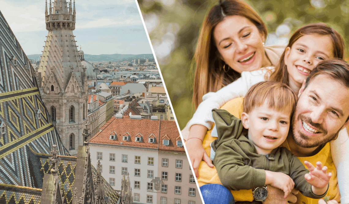 Das Bild zeigt eine Fotomontage aus einer Luftaufnahme in Wien und einem Familienportrait.