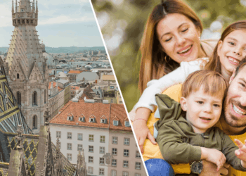 Das Bild zeigt eine Fotomontage aus einer Luftaufnahme in Wien und einem Familienportrait.