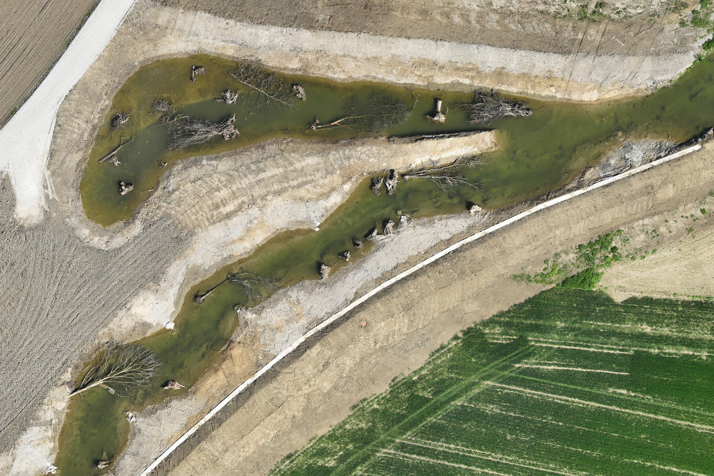 Das Bild zeigt den renaturierten Erlabach aus der Vogelperspektive.