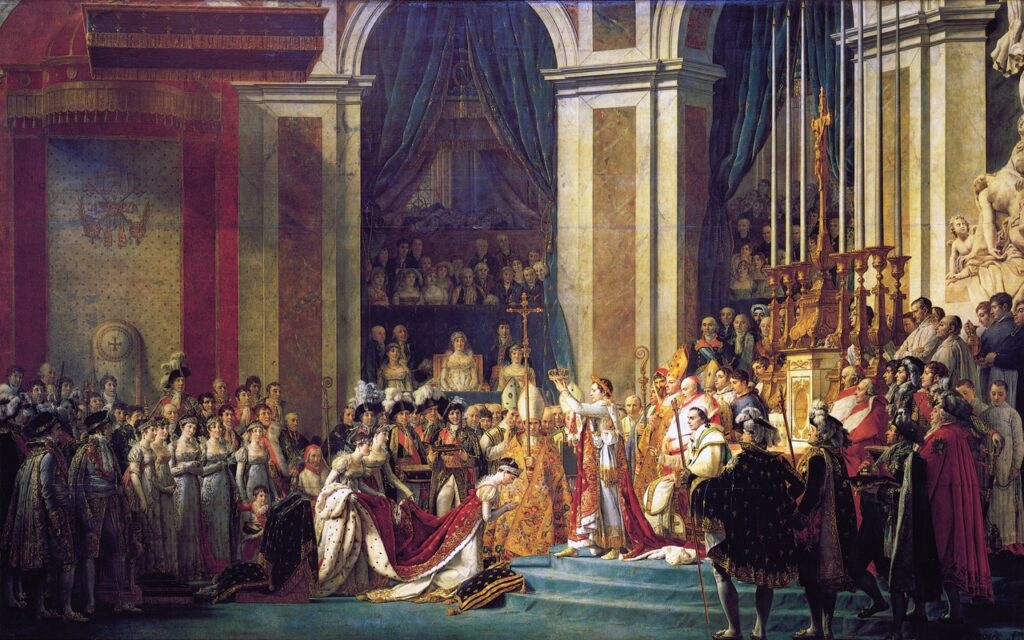 Napoleon Bonaparte als er seine Frau Josésphine in Notre-Dame krönte. Quelle: WikiCommons/Jacques-Louis David 1806/https://commons.wikimedia.org/wiki/File:Jacques-Louis_David,_The_Coronation_of_Napoleon.jpg