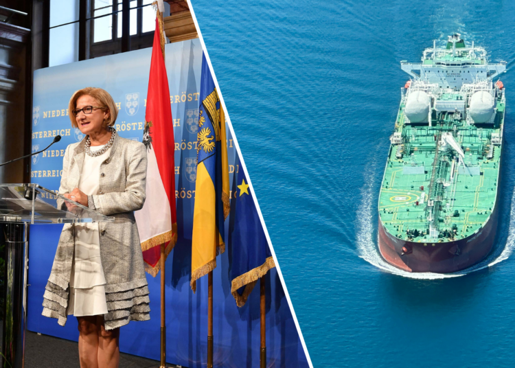 Bildmontage zeigt Johanna Mikl-Leitner und die Straße von Hormus