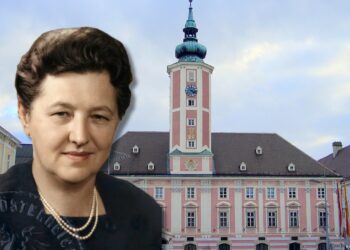 Bildmontage mit Maria Emhart vor dem St. Pöltner Rathaus