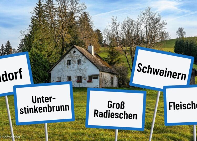Der Hintergrund zeigt ein Landhaus in idyllischer Szenerie, im Vordergrund Ortstafeln mit ungewöhnlichen Ortsnamen.