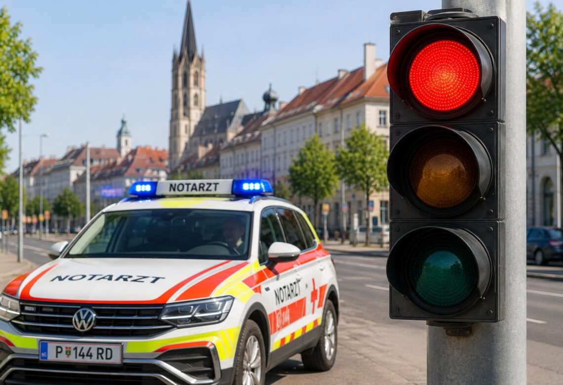 Symbolbild zeigt einen Notarztwagen und eine rote Ampel, um die aktuelle Versorgungslage zu veranschaulichen.