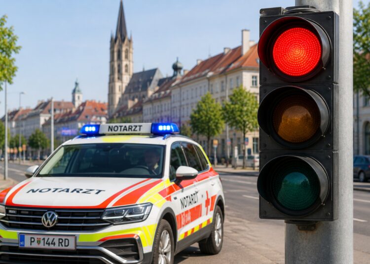 Symbolbild zeigt einen Notarztwagen und eine rote Ampel, um die aktuelle Versorgungslage zu veranschaulichen.