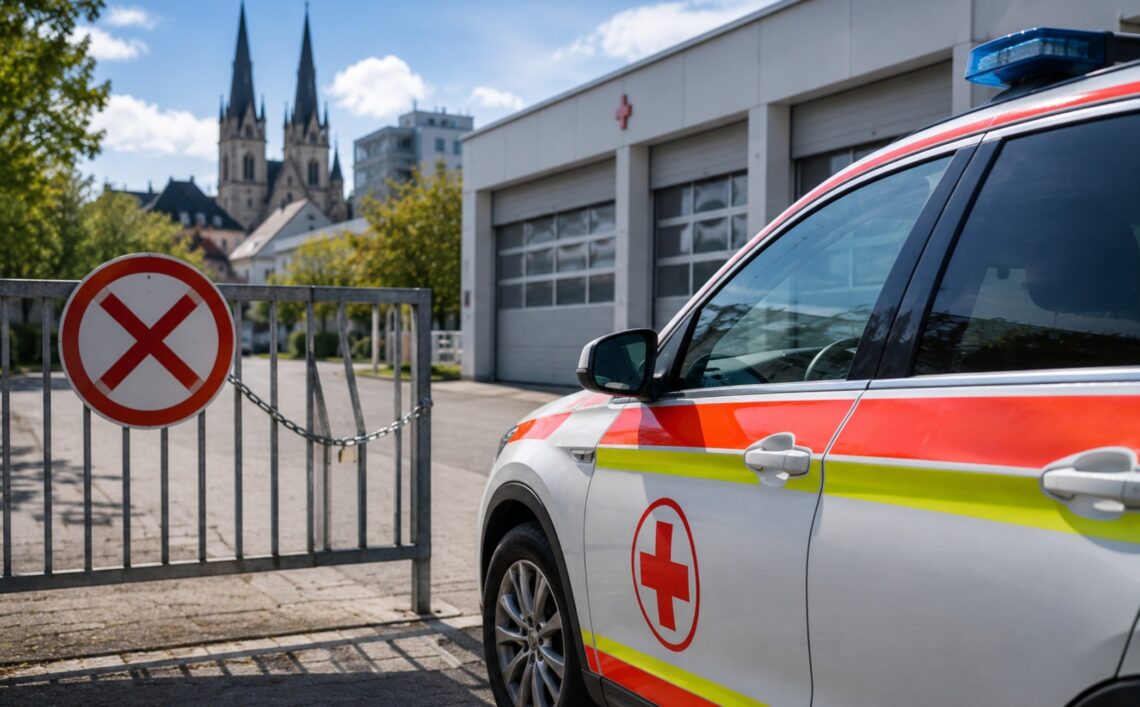 Symboldbild Notarztwagen vor geschlossenem Tor für Schließung von Notarztstützpunkten
