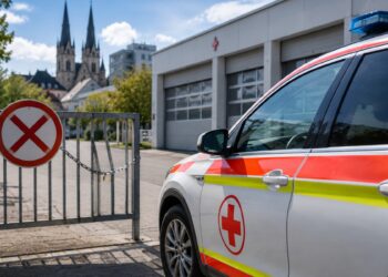 Symboldbild Notarztwagen vor geschlossenem Tor für Schließung von Notarztstützpunkten