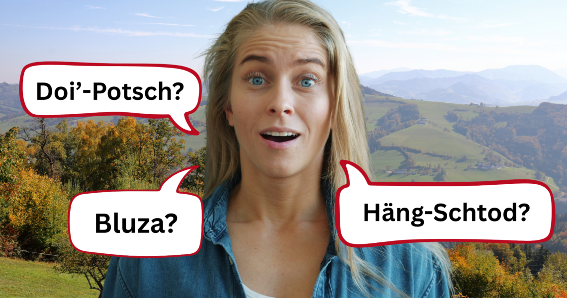 Bildmontage einer jungen Frau und mit Dialektwörtern befüllten Sprechblasen