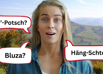 Bildmontage einer jungen Frau und mit Dialektwörtern befüllten Sprechblasen