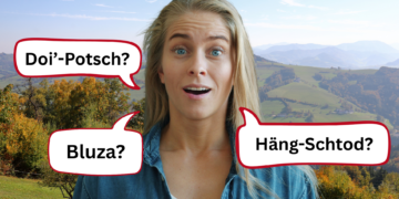 Bildmontage einer jungen Frau und mit Dialektwörtern befüllten Sprechblasen